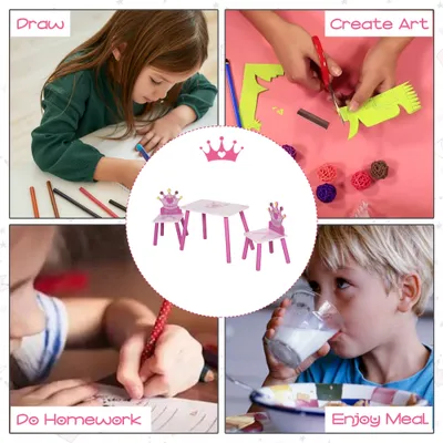 3-Piece Kids Wooden Table and Chair Set with Crown Pattern Gift for Girls Toddlers Arts Reading Writing Age 2-4 Years Pink