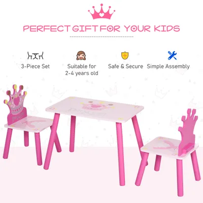 3-Piece Kids Wooden Table and Chair Set with Crown Pattern Gift for Girls Toddlers Arts Reading Writing Age 2-4 Years Pink