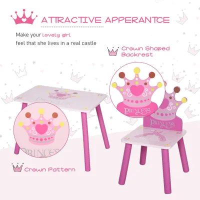 3-Piece Kids Wooden Table and Chair Set with Crown Pattern Gift for Girls Toddlers Arts Reading Writing Age 2-4 Years Pink