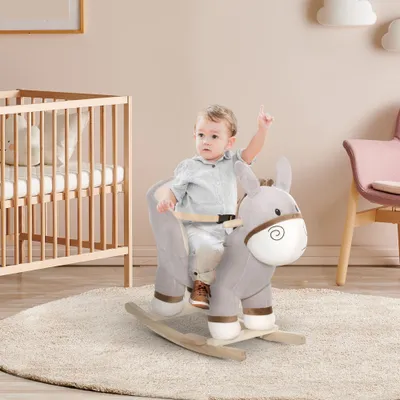 Kids Rocking Chair, Plush Ride On Rocking Horse Donkey with Sound, Wood Base Seat, Safety
