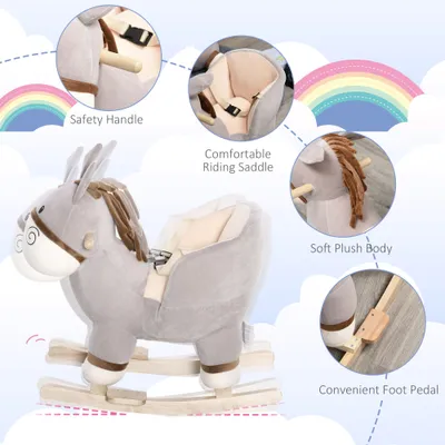 Kids Rocking Chair, Plush Ride On Rocking Horse Donkey with Sound, Wood Base Seat, Safety