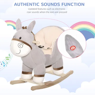 Kids Rocking Chair, Plush Ride On Rocking Horse Donkey with Sound, Wood Base Seat, Safety