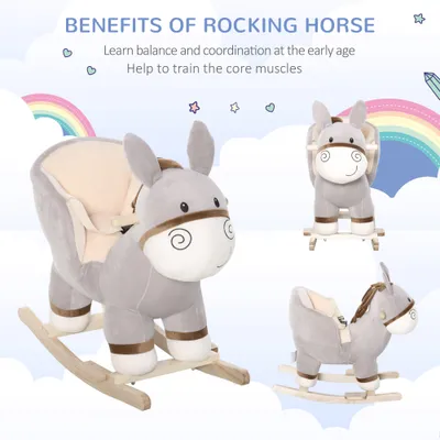 Kids Rocking Chair, Plush Ride On Rocking Horse Donkey with Sound, Wood Base Seat, Safety