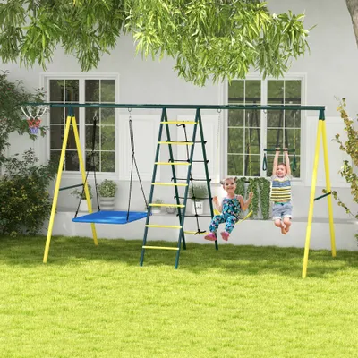 Metal Swing Set for Backyard 5 in 1 Design Holds up to 440 lbs. for Ages 3-8, Yellow