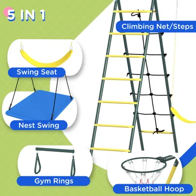 Metal Swing Set for Backyard 5 in 1 Design Holds up to 440 lbs. for Ages 3-8, Yellow