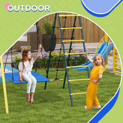 Metal Swing Set for Backyard 5 in 1 Design Holds up to 440 lbs. for Ages 3-8, Yellow