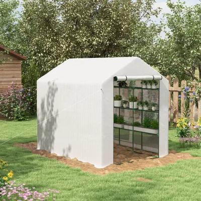 Outdoor Walk-in Greenhouse with Roll-up Zipper Door, 18 Shelves, PE Cover, 95.25" x 70.75" x 82.75", White