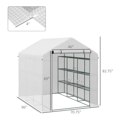 Outdoor Walk-in Greenhouse with Roll-up Zipper Door, 18 Shelves, PE Cover, 95.25" x 70.75" x 82.75", White