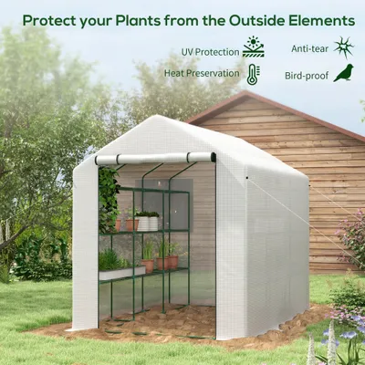 Outdoor Walk-in Greenhouse with Roll-up Zipper Door, 18 Shelves, PE Cover, 95.25" x 70.75" x 82.75", White