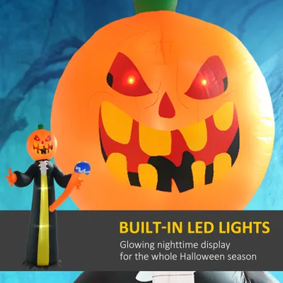 رأس يقطينة شبح قابل للنفخ بطول 10 أقدام مع مطرقة، شاشة عرض LED قابلة للنفخ للحديقة الداخلية والخارجية