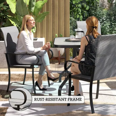 Set of 4 Outdoor Wicker Dining Chairs with Armrest, Steel Frame, High Back and Deep Seating, Gray