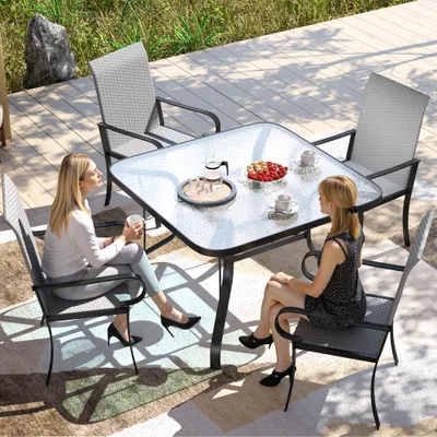 Set of 4 Outdoor Wicker Dining Chairs with Armrest, Steel Frame, High Back and Deep Seating, Gray