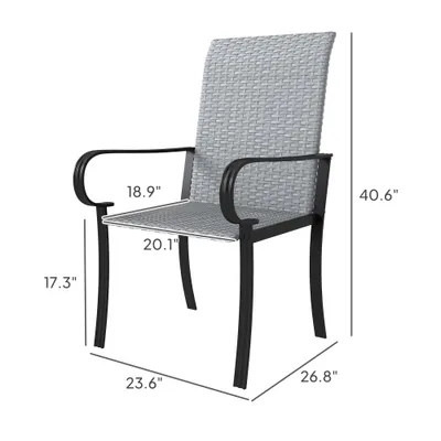 Set of 2 Outdoor Wicker Dining Chairs with Armrest, Steel Frame, High Back and Deep Seating, Gray