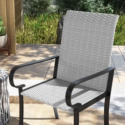 Set of 2 Outdoor Wicker Dining Chairs with Armrest, Steel Frame, High Back and Deep Seating, Gray
