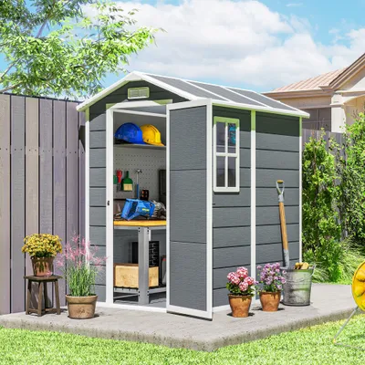 6 x 4 Outdoor Storage Shed, Plastic Shed with Floor, Window, Lockable Door and Vents for Outdoor Patio Storage, Gray