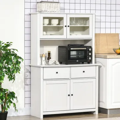 63.5" Kitchen Buffet with Hutch, Pantry Storage Cabinet with 4 Shelves, Drawers, Framed Glass Doors, Open Microwave Countertop, Antique White
