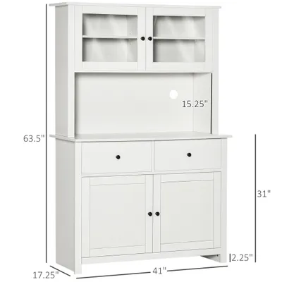 63.5" Kitchen Buffet with Hutch, Pantry Storage Cabinet with 4 Shelves, Drawers, Framed Glass Doors, Open Microwave Countertop, Antique White