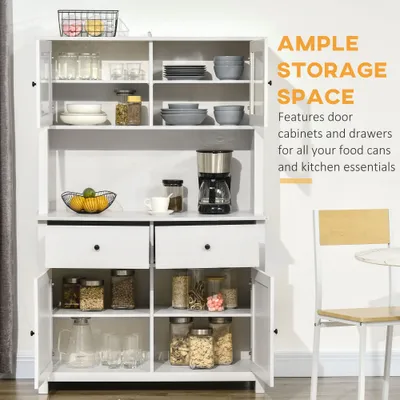 63.5" Kitchen Buffet with Hutch, Pantry Storage Cabinet with 4 Shelves, Drawers, Framed Glass Doors, Open Microwave Countertop, Antique White