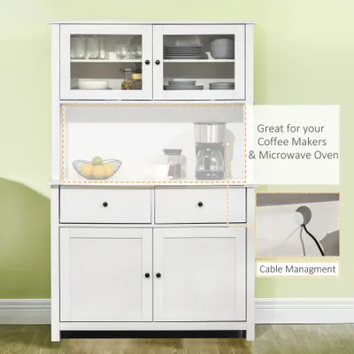 63.5" Kitchen Buffet with Hutch, Pantry Storage Cabinet with 4 Shelves, Drawers, Framed Glass Doors, Open Microwave Countertop, Antique White
