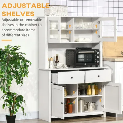 63.5" Kitchen Buffet with Hutch, Pantry Storage Cabinet with 4 Shelves, Drawers, Framed Glass Doors, Open Microwave Countertop, Antique White