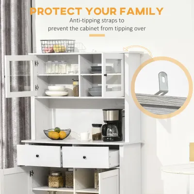 63.5" Kitchen Buffet with Hutch, Pantry Storage Cabinet with 4 Shelves, Drawers, Framed Glass Doors, Open Microwave Countertop, Antique White