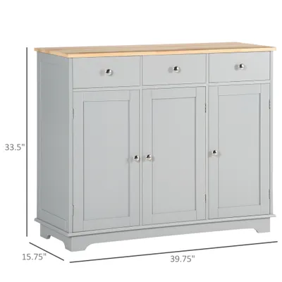 Kitchen Storage Cabinet, Sideboard Floor Cupboard with Solid Wood Top, Adjustable Shelf, and 3 Drawers, Gray