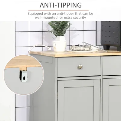 Kitchen Storage Cabinet, Sideboard Floor Cupboard with Solid Wood Top, Adjustable Shelf, and 3 Drawers, Gray