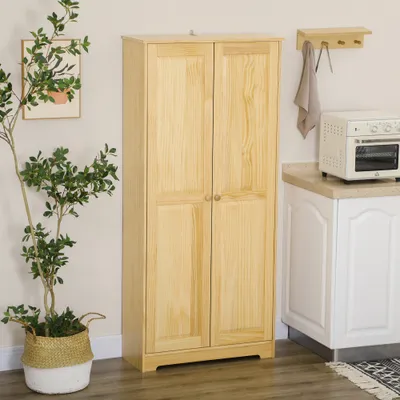 67" Pinewood Kitchen Pantry Storage Cabinet, Freestanding Cabinets with Doors and Shelves, Dining Room