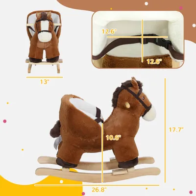 Baby Rocking Horse, Kids Ride-on with Sound, Wooden Base & Safety Belt for Ages 18-36 Months, Brown