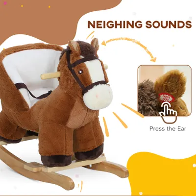 Baby Rocking Horse, Kids Ride-on with Sound, Wooden Base & Safety Belt for Ages 18-36 Months, Brown