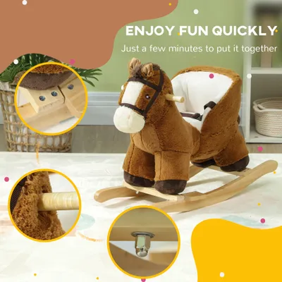 Baby Rocking Horse, Kids Ride-on with Sound, Wooden Base & Safety Belt for Ages 18-36 Months, Brown