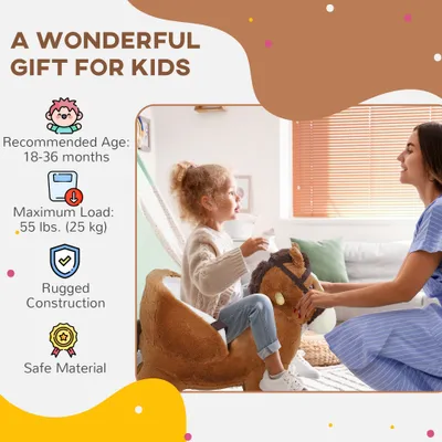 Baby Rocking Horse, Kids Ride-on with Sound, Wooden Base & Safety Belt for Ages 18-36 Months, Brown
