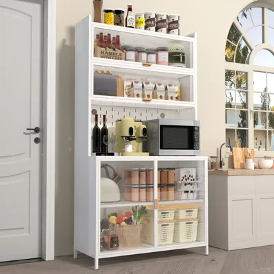 73'' Tall Kitchen Pantry Cabinet , 6 Level Flip Door With Pegboard Metal Pantry Storage Cabinet, Anti-Tip Design Hutch For Kitchen, Dining Room, Living Room White