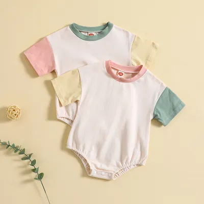Baby Solid Color Stitching Romper Short Sleeve