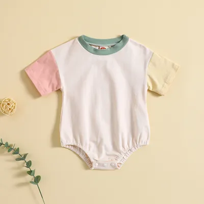 Baby Solid Color Stitching Romper Short Sleeve