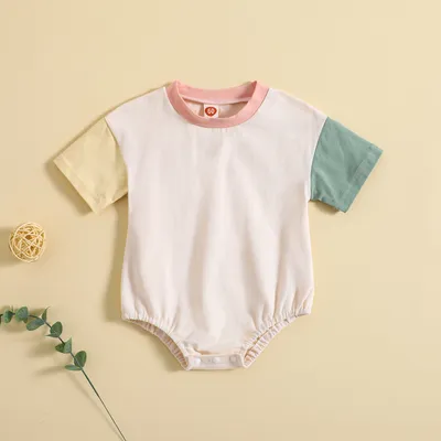 Baby Solid Color Stitching Romper Short Sleeve