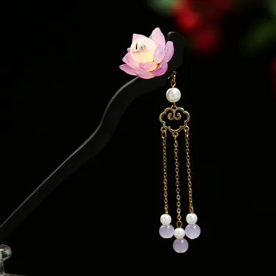 Chinese Luminous Lotus Tassel Hair Clasp Blackwood Niche Updo Hair Clasp Hanfu Hairpin