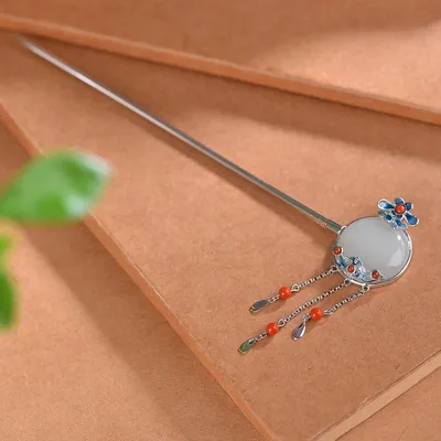 Hetian Jade S925 Silver Lock Of Good Wishes Hairpin High-grade Enamel South