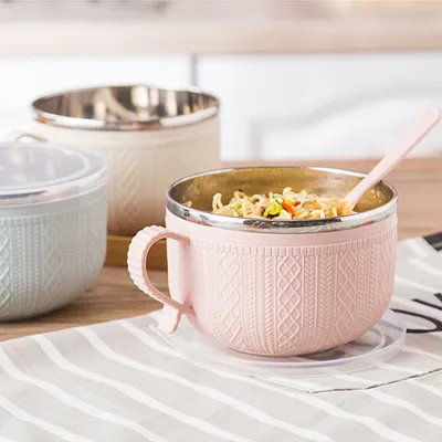 Stainless Steel Korean Cartoon Instant Noodle Bowl With Lid