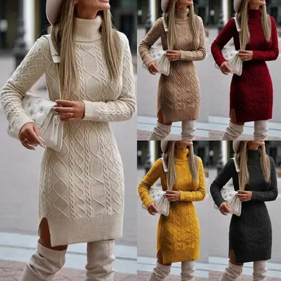 Fashion Turtleneck Knitted Dress With Slit Design Winter Warm Solid Color Pullover Long Sweater Women's Clothing
