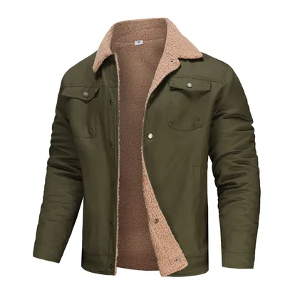 Men's Coat Winter Warm Workwear Coat Multi-pocket Casual Thickening Coat Solid Color Retro Lamb Wool