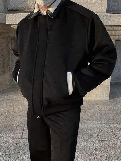 Contrast Color Lapels Woolen Coat Male