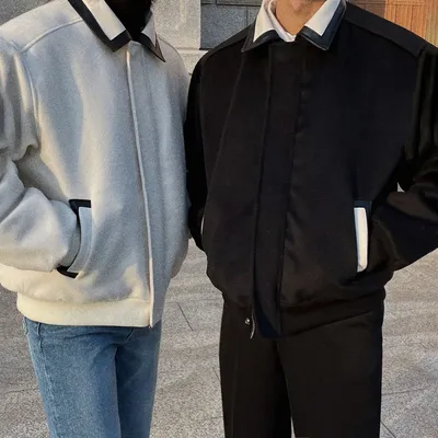 Contrast Color Lapels Woolen Coat Male