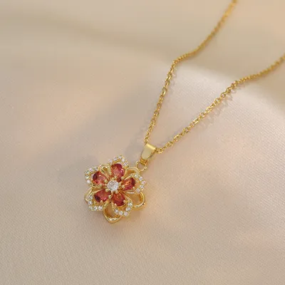 Ins Rhinestones Flowers Necklace Fashion Unique Rotatable Necklace Women's Pendant Jewelry