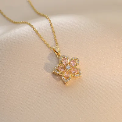 Ins Rhinestones Flowers Necklace Fashion Unique Rotatable Necklace Women's Pendant Jewelry