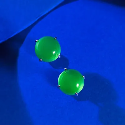 Silver Inlaid Simulation Green Chalcedony Ear Studs