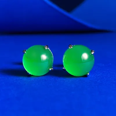 Silver Inlaid Simulation Green Chalcedony Ear Studs