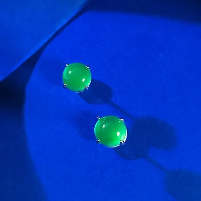 Silver Inlaid Simulation Green Chalcedony Ear Studs