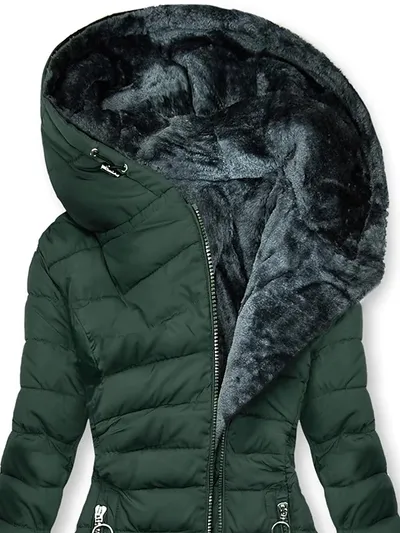 Women's Plush Hooded Mid-length Oblique Zipper Cotton-padded Coat