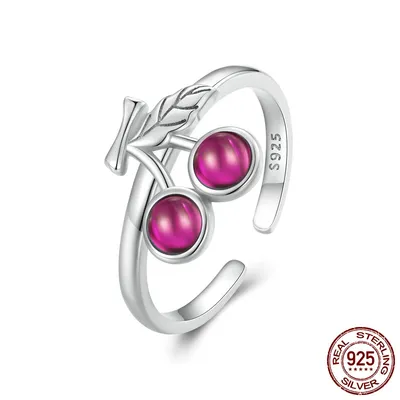 Sterling Silver Red Cherry Ring S925 White Plated Diamond